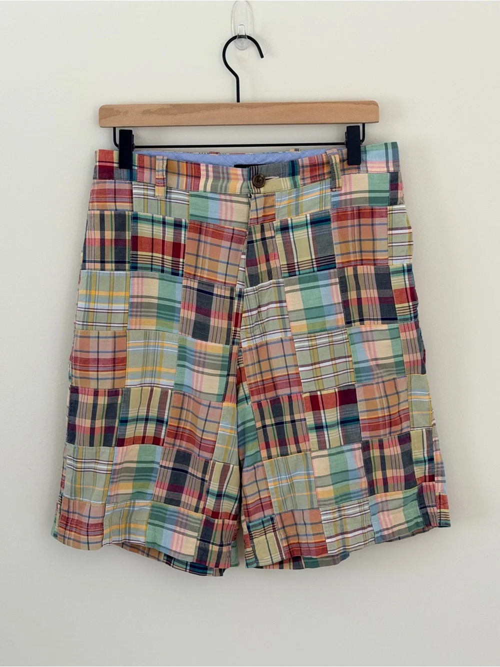 Vtg 90s Y2K J Crew Mens Patchwork Rainbow Madras Plaid Shorts Cotton trending